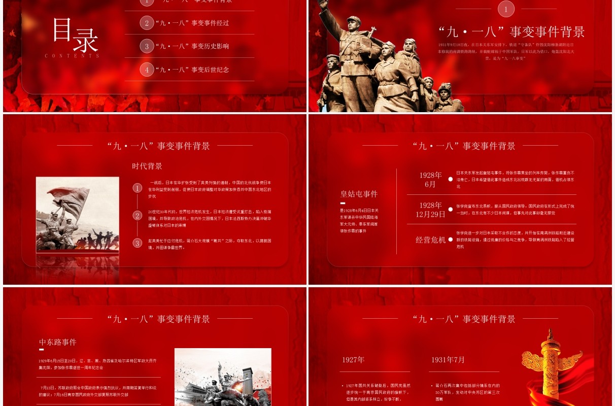 红色简约毛玻璃分九一八历史事件介绍PPT模板