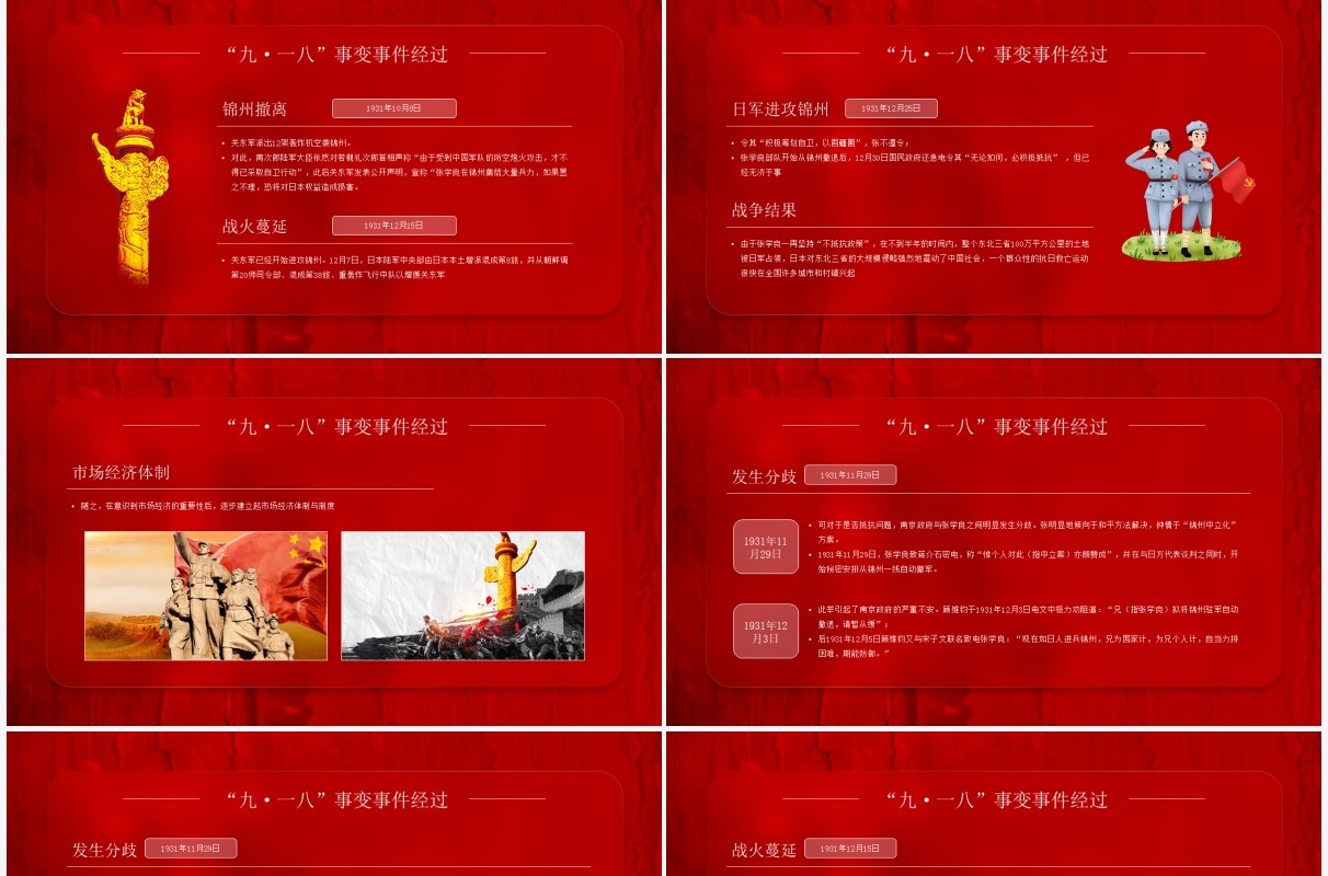 红色简约毛玻璃分九一八历史事件介绍PPT模板