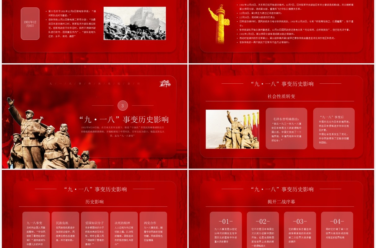 红色简约毛玻璃分九一八历史事件介绍PPT模板