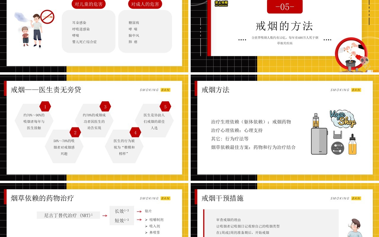 黄色卡通风控烟知识培训介绍PPT模板