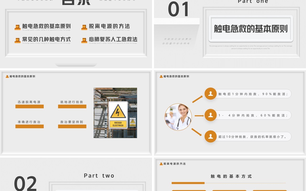 灰色简约创意风触电急救知识PPT模板