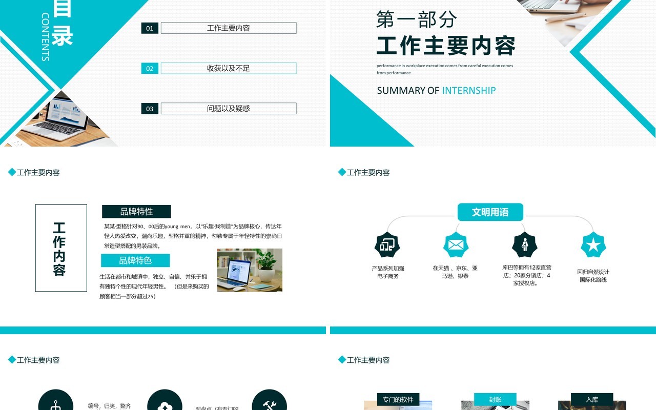 简约蓝色实习工作总结计划汇报动态PPT模板