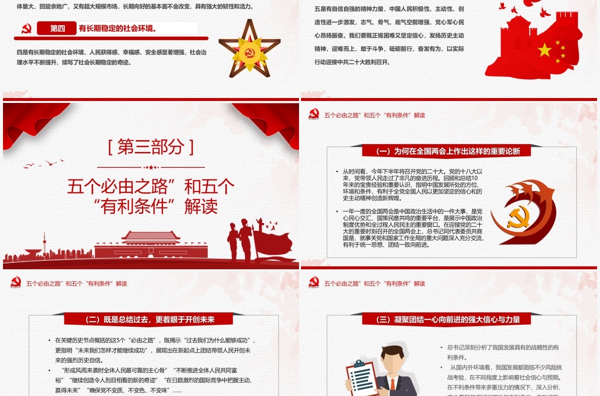 红色简约五个必由之路和五个有利条件PPT模板