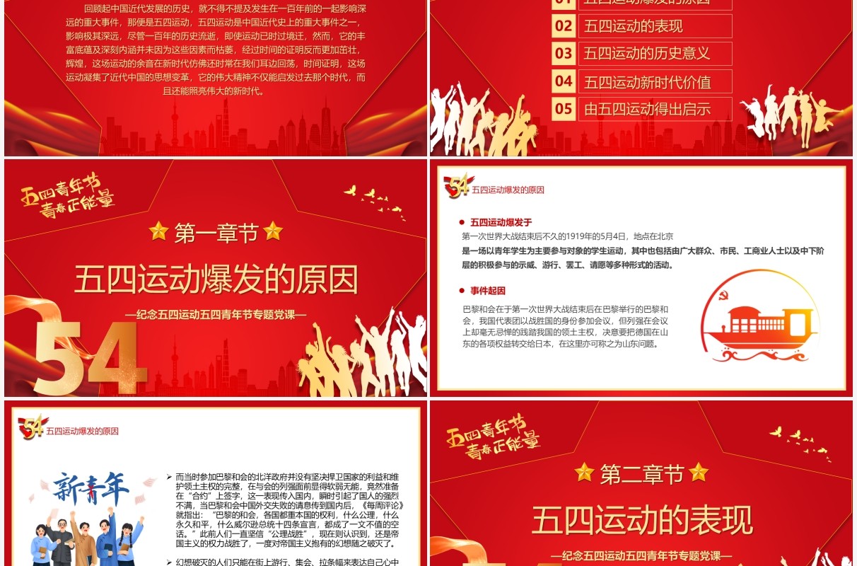 红色简约党政风五四运动的新时代意义PPT模板