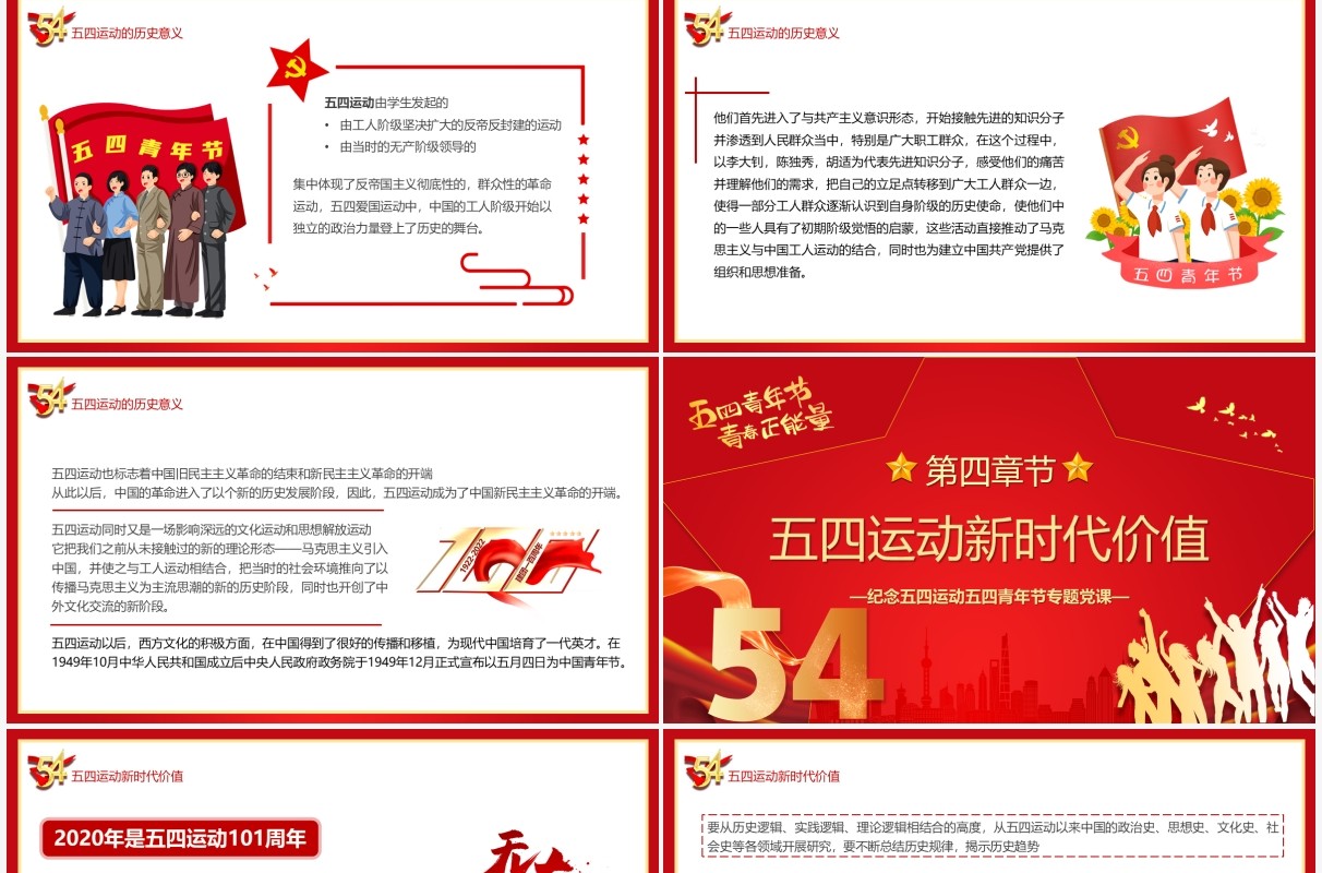 红色简约党政风五四运动的新时代意义PPT模板