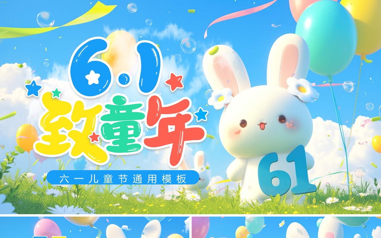 蓝色插画风六一儿童节PPT通用模板