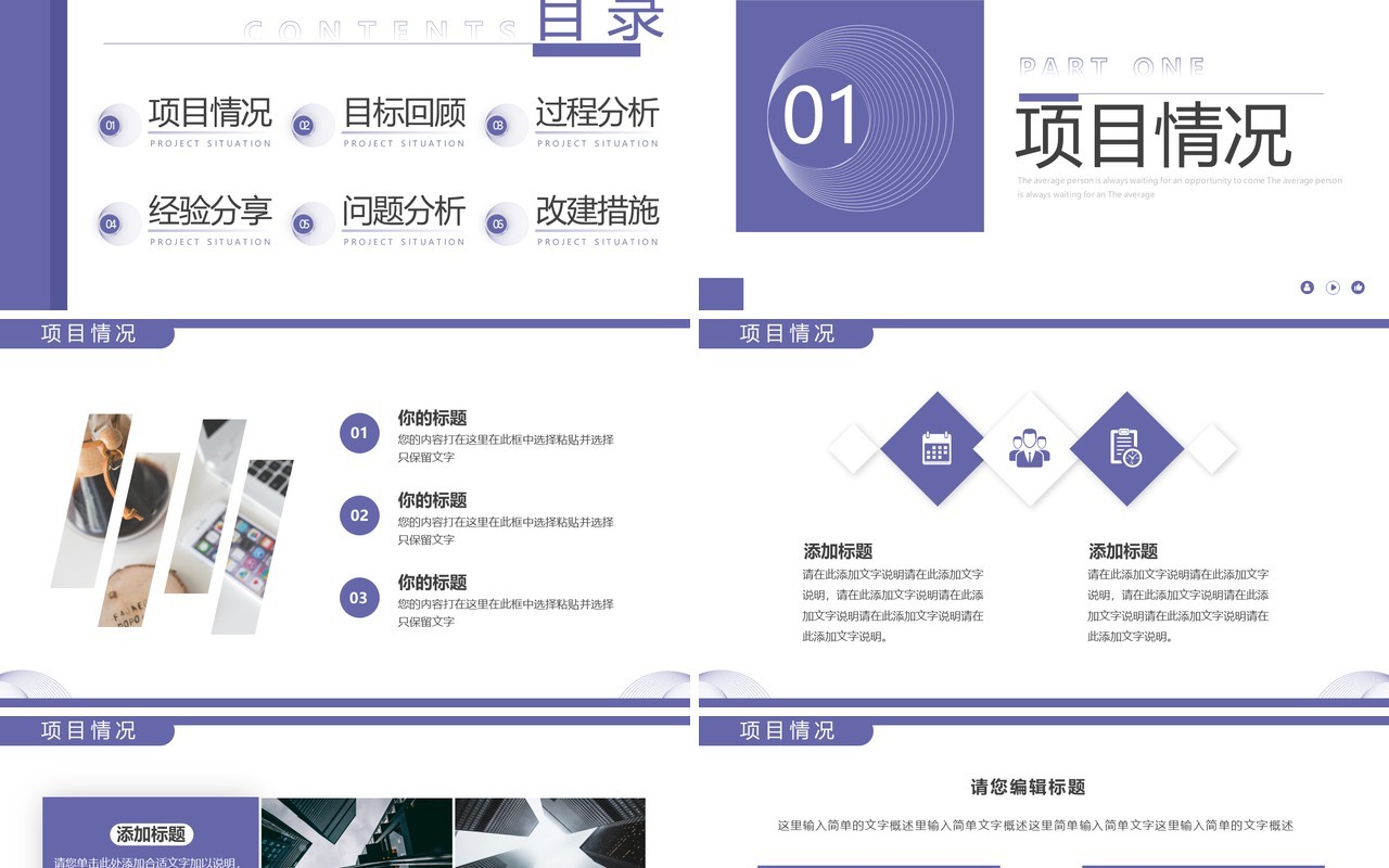 紫色简约风项目复盘报告PPT通用模板