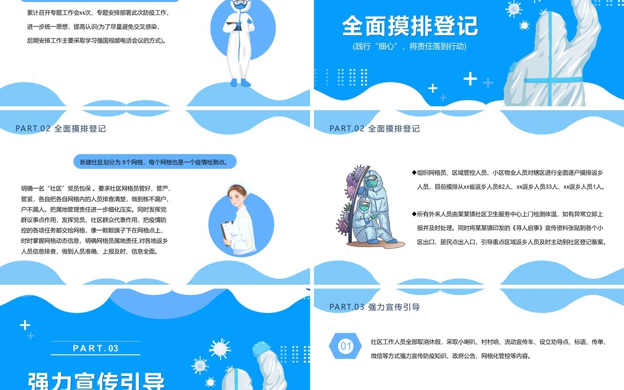 蓝色卡通社区防疫防控工作总结PPT模板