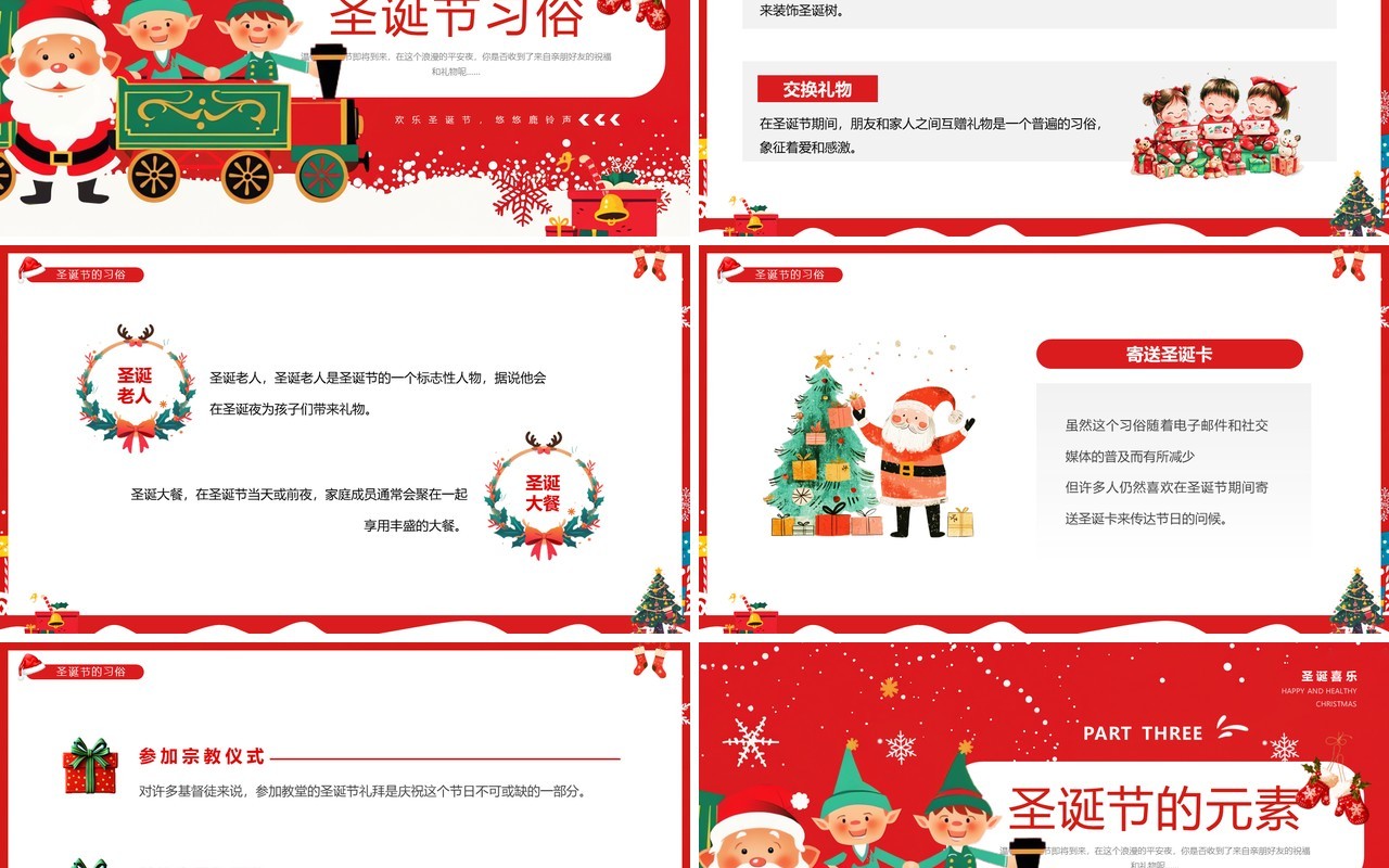 红色插画风圣诞节快乐节日介绍PPT模板课件
