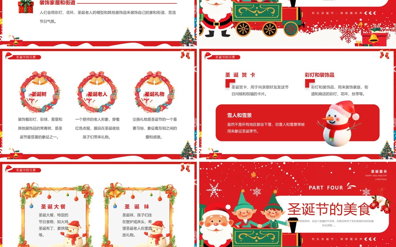 红色插画风圣诞节快乐节日介绍PPT模板课件
