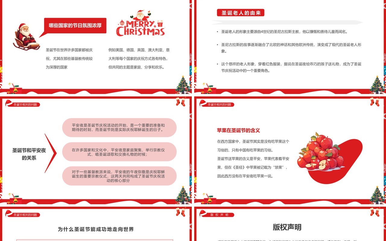 红色插画风圣诞节快乐节日介绍PPT模板课件