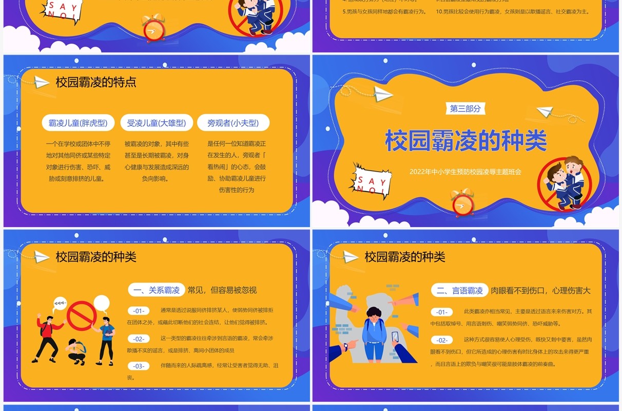 黄蓝卡通风拒绝校园霸凌主题班会PPT模板
