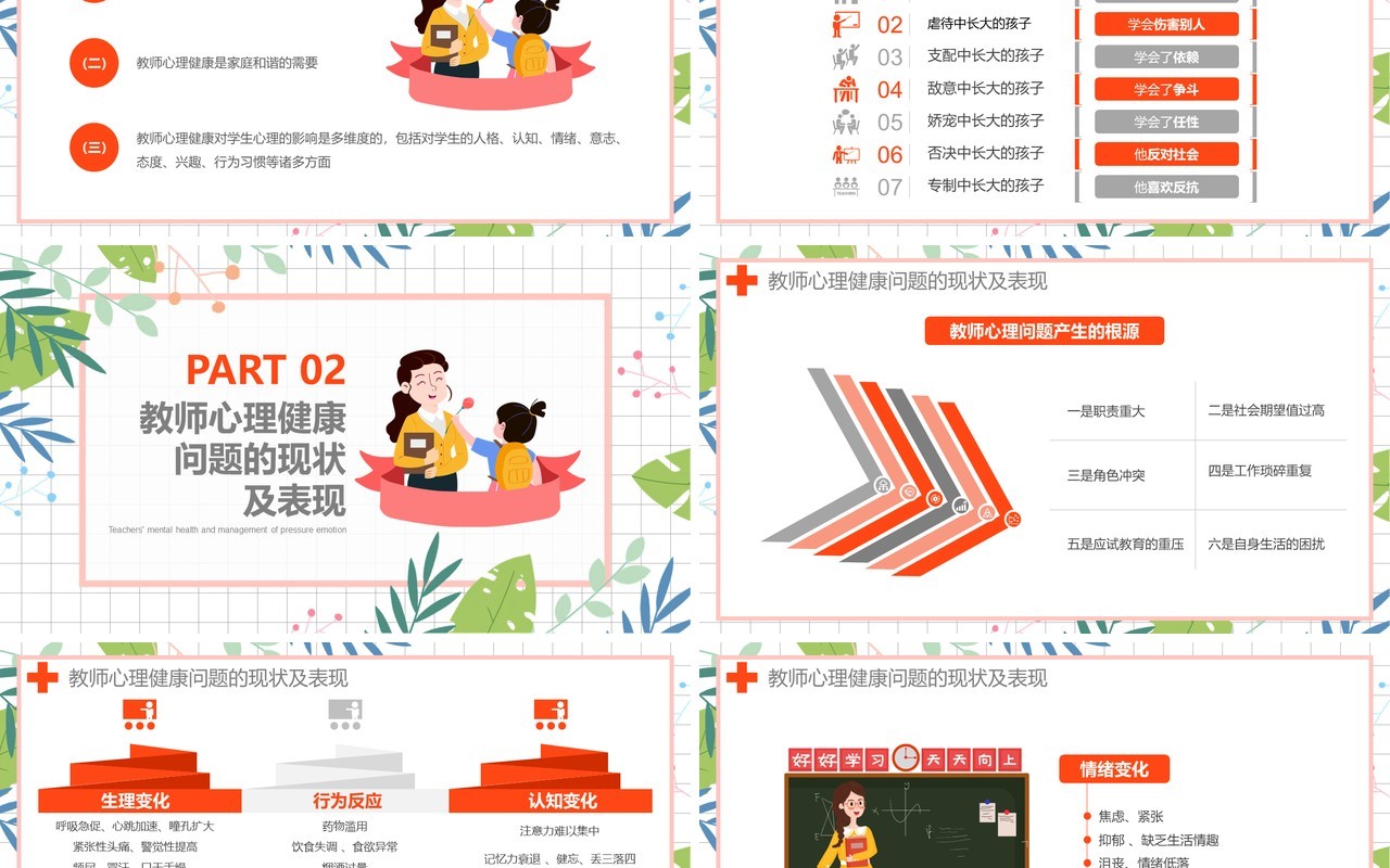 卡通教师心理健康及其维护压力情绪管理培训课件PPT模板