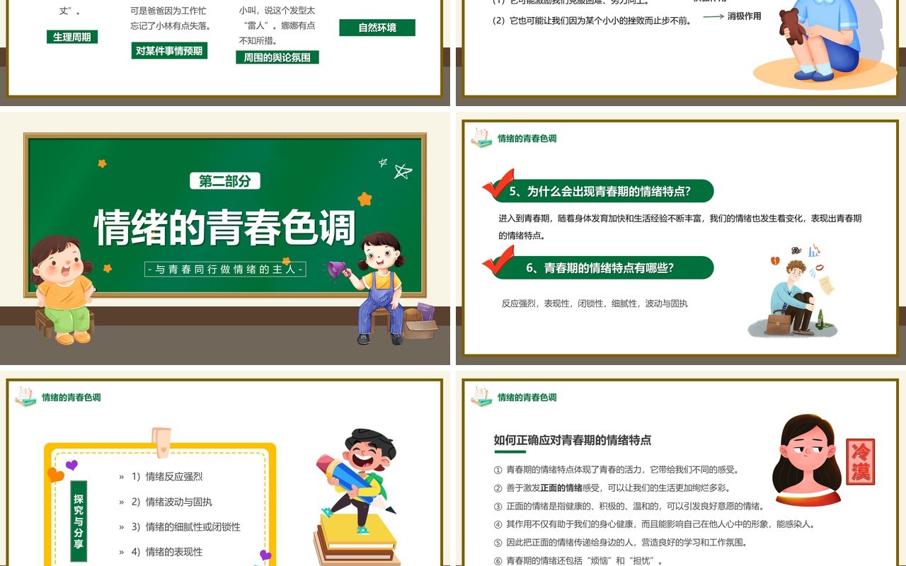 绿色卡通风青春的情绪主题教育PPT模板