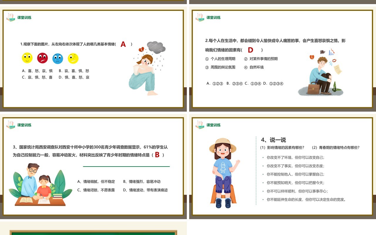 绿色卡通风青春的情绪主题教育PPT模板
