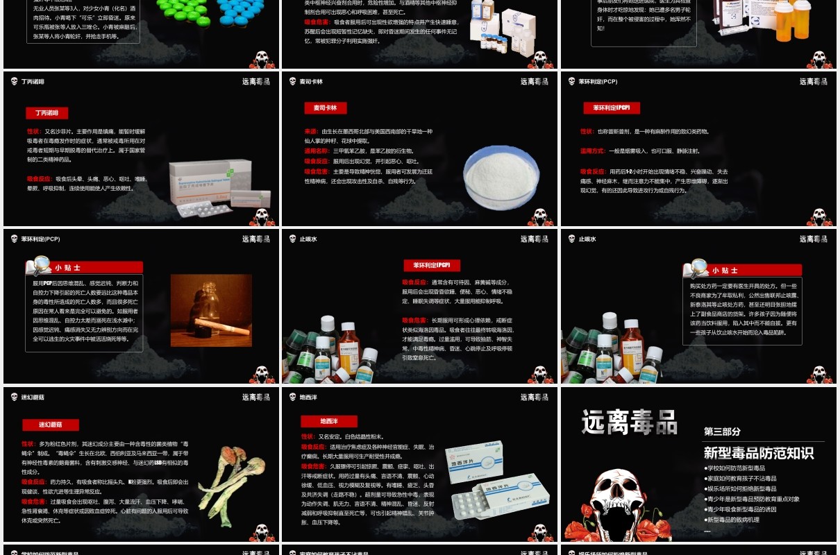 高级黑色远离毒品禁毒知识宣传教育PPT模板