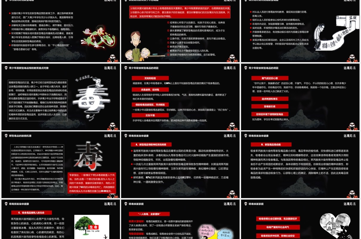 高级黑色远离毒品禁毒知识宣传教育PPT模板