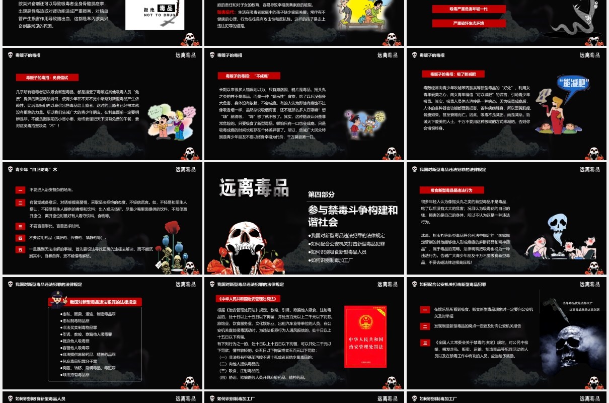 高级黑色远离毒品禁毒知识宣传教育PPT模板