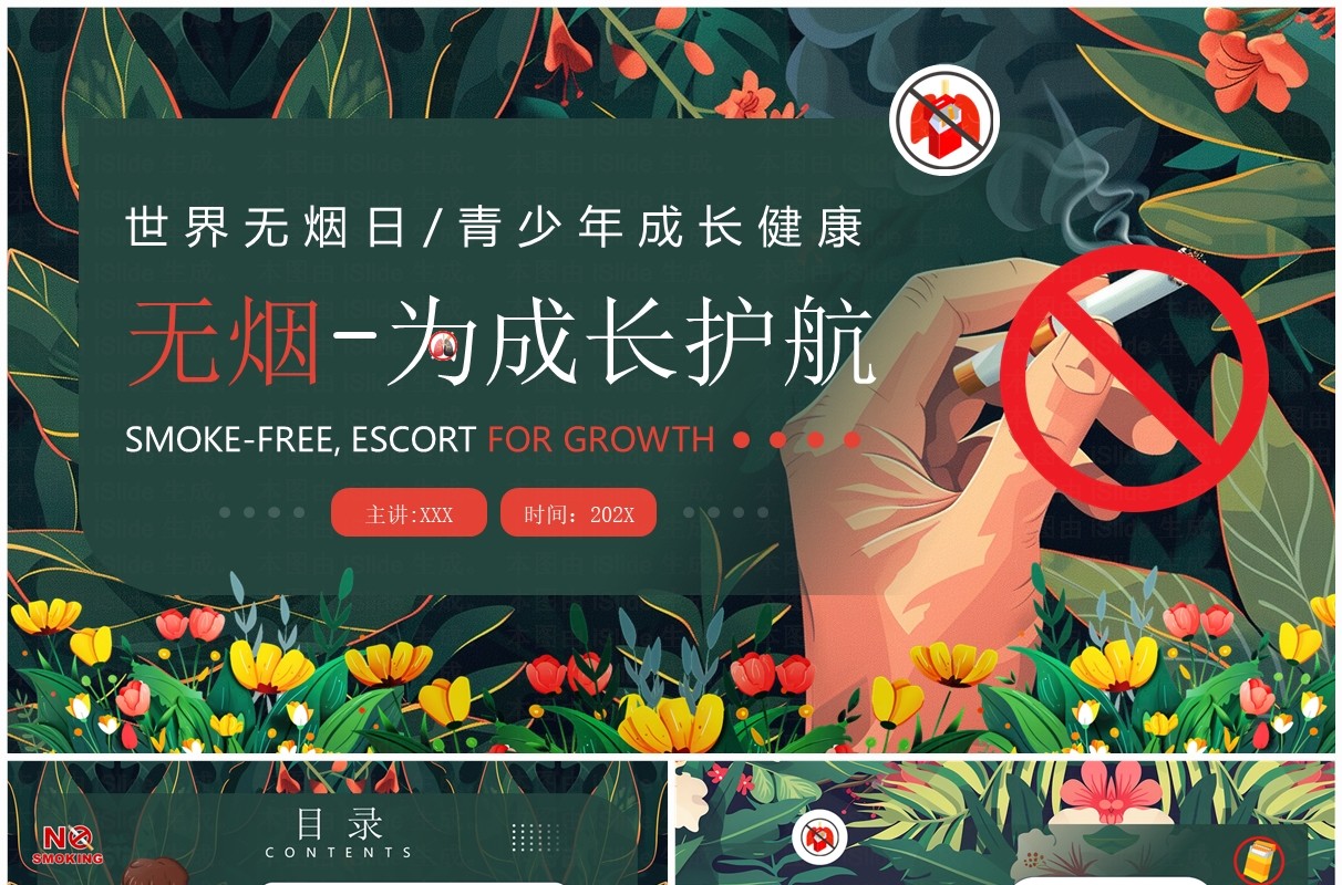绿色插画风世界无烟日宣传PPT模板