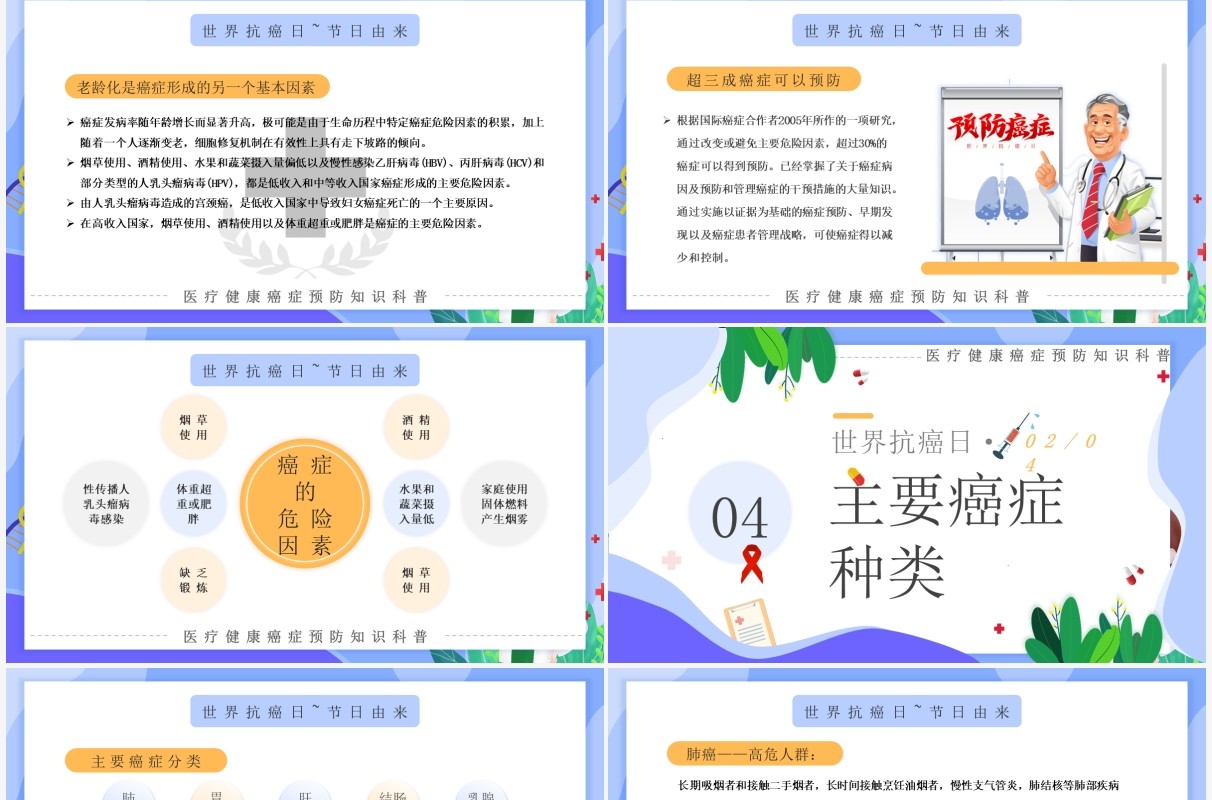紫色卡通世界抗癌日健康知识科普PPT模板