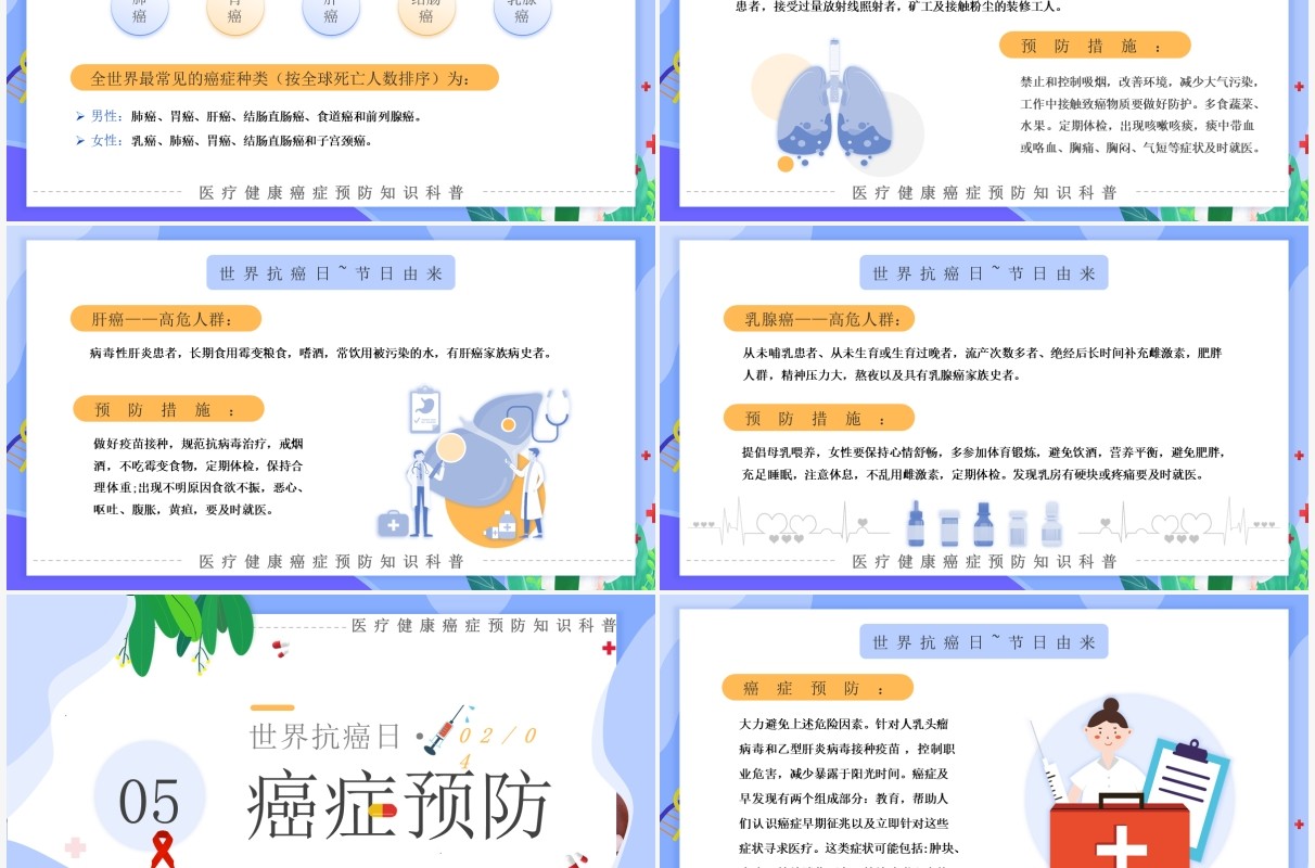 紫色卡通世界抗癌日健康知识科普PPT模板