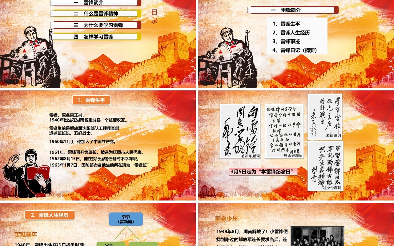 复古红色学习雷锋精神主题学习PPT模板