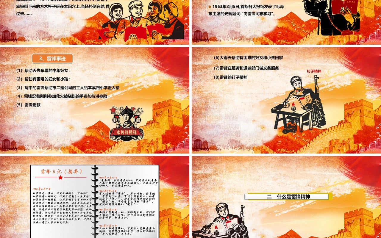 复古红色学习雷锋精神主题学习PPT模板