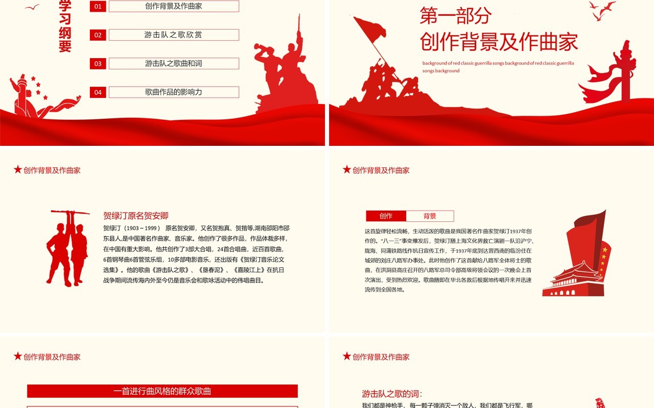 红色经典游击队之歌创作背景介绍动态PPT模板