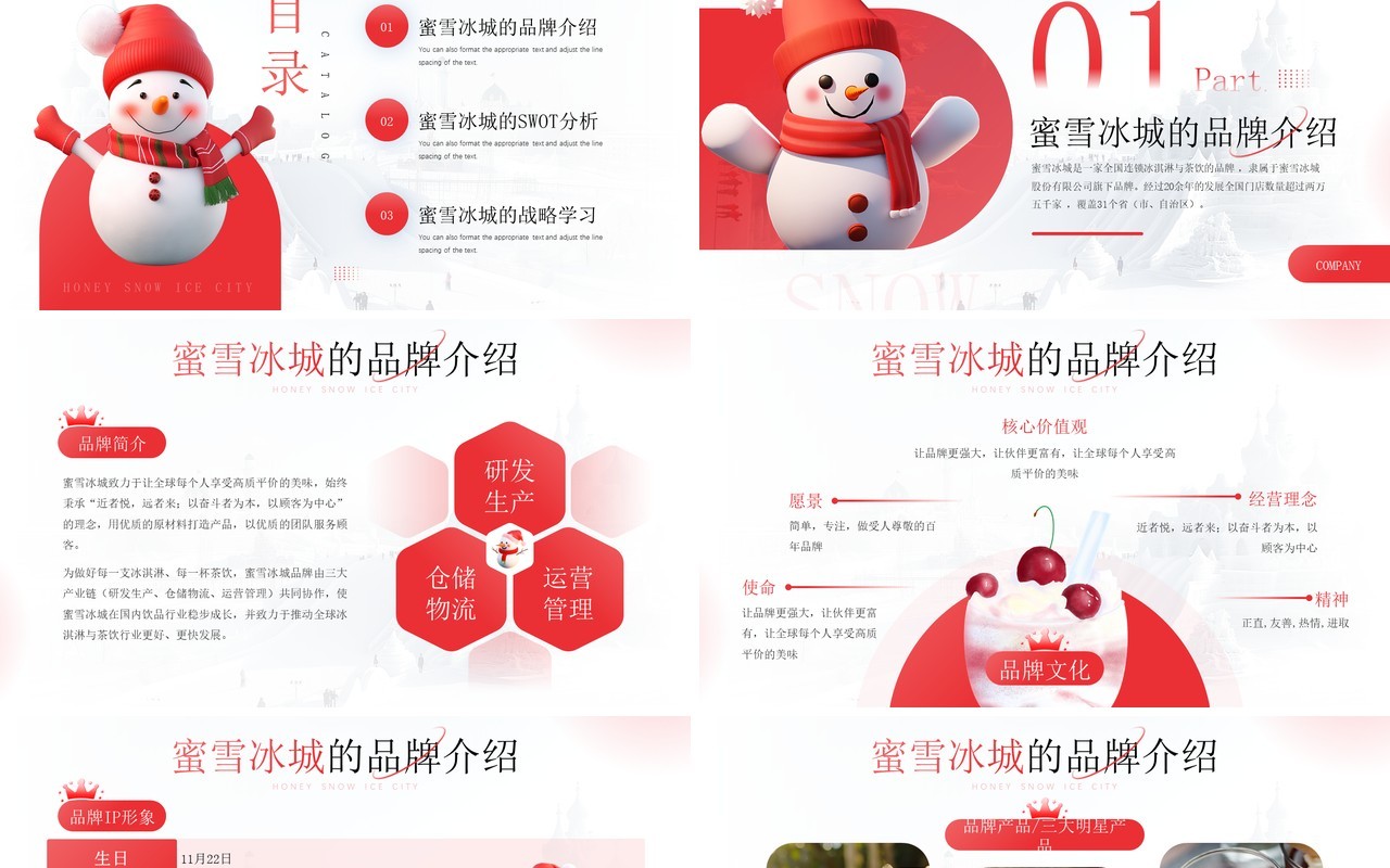 红色插画风蜜雪冰城企业案例介绍PPT模板