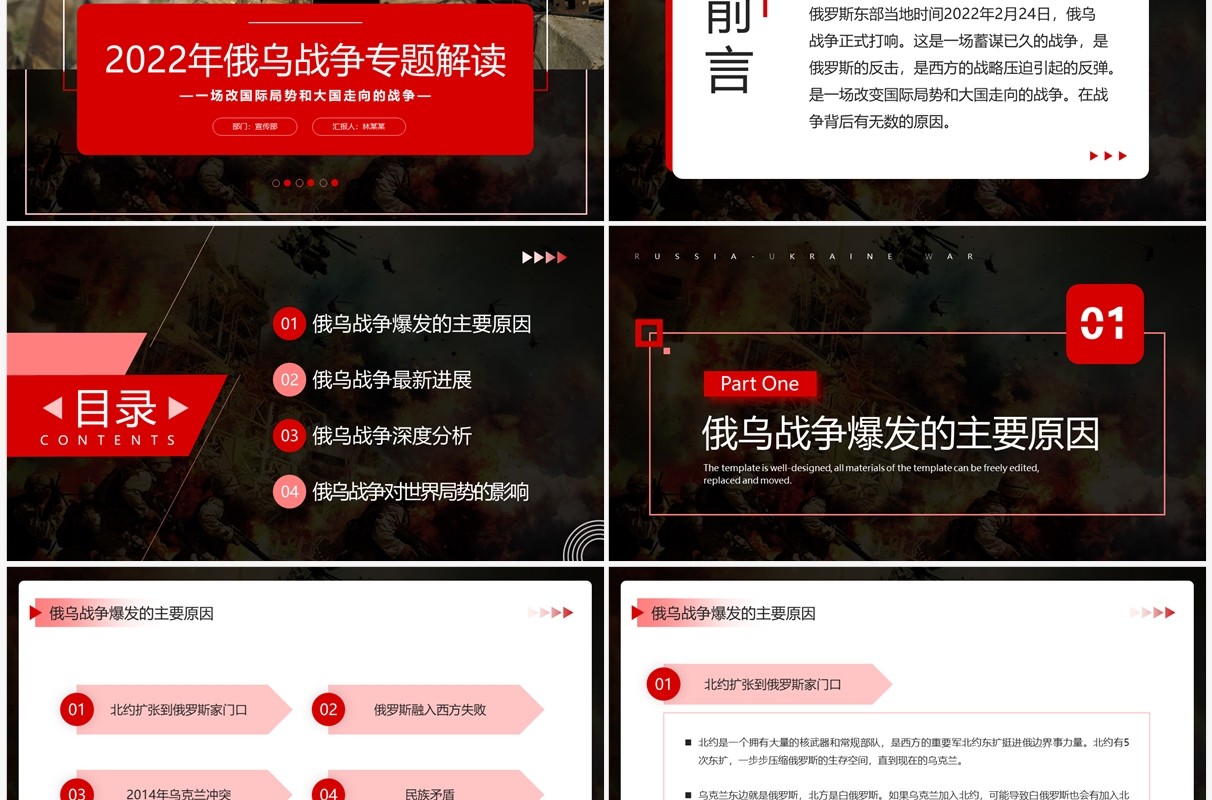 红色商务风俄乌战争深度分析解读PPT模板