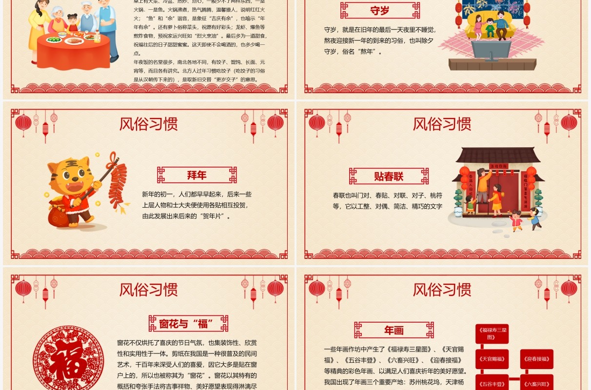 红色剪纸中国风春节习俗介绍PPT模板