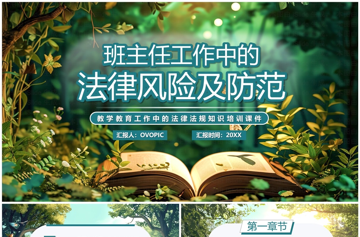 绿色插画风班主任工作中的法律风险PPT模板