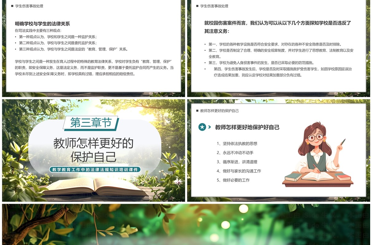 绿色插画风班主任工作中的法律风险PPT模板