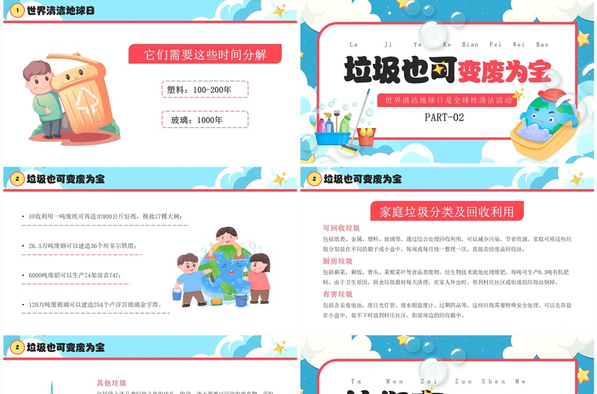 蓝色卡通风世界清洁地球日PPT模板