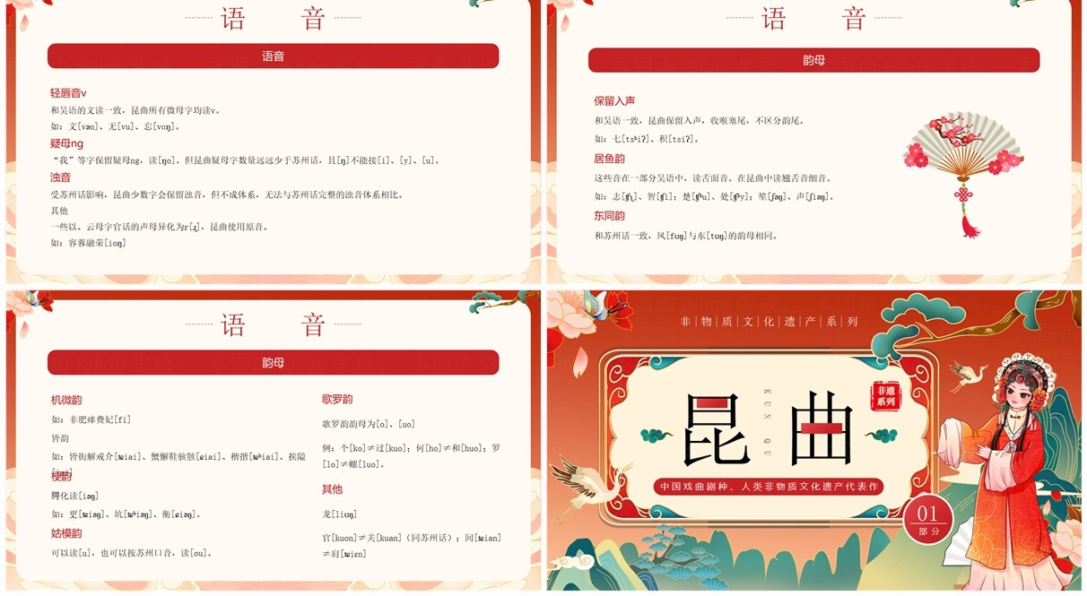 红色国潮风非遗系列之昆曲介绍PPT模板