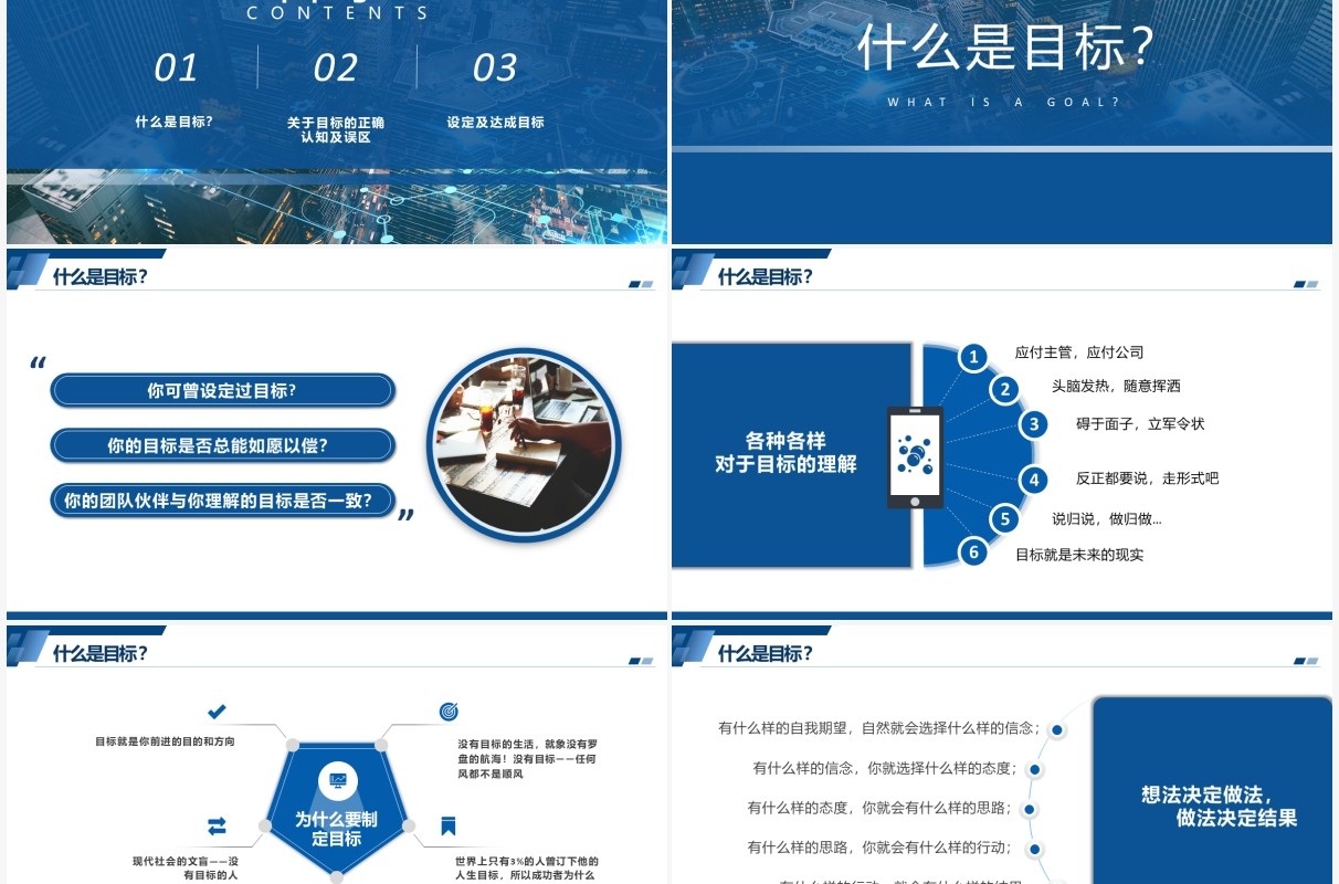 蓝色简约商务风目标设定与达成PPT模板