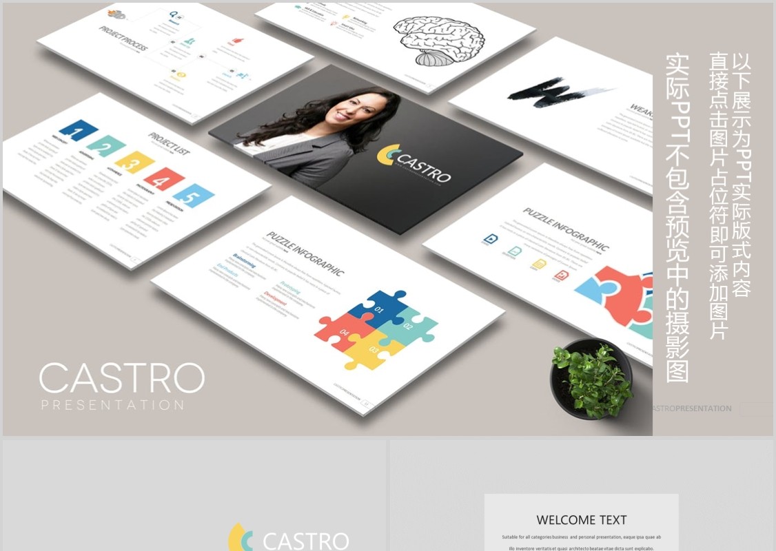 个性商务汇报PPT拼图信息图表模板图片占位符CASTRO Powerpoint