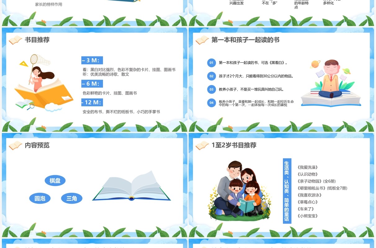 蓝色卡通亲子阅读教育PPT动态模板