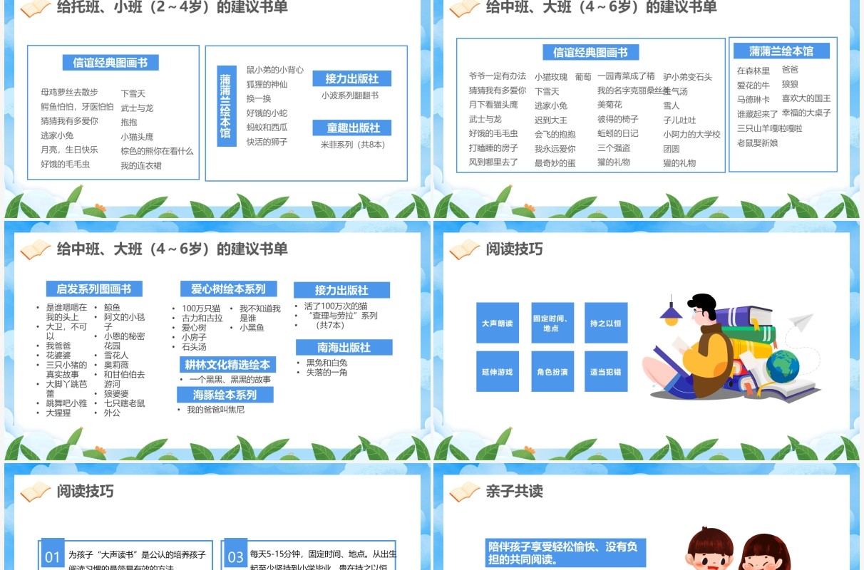 蓝色卡通亲子阅读教育PPT动态模板