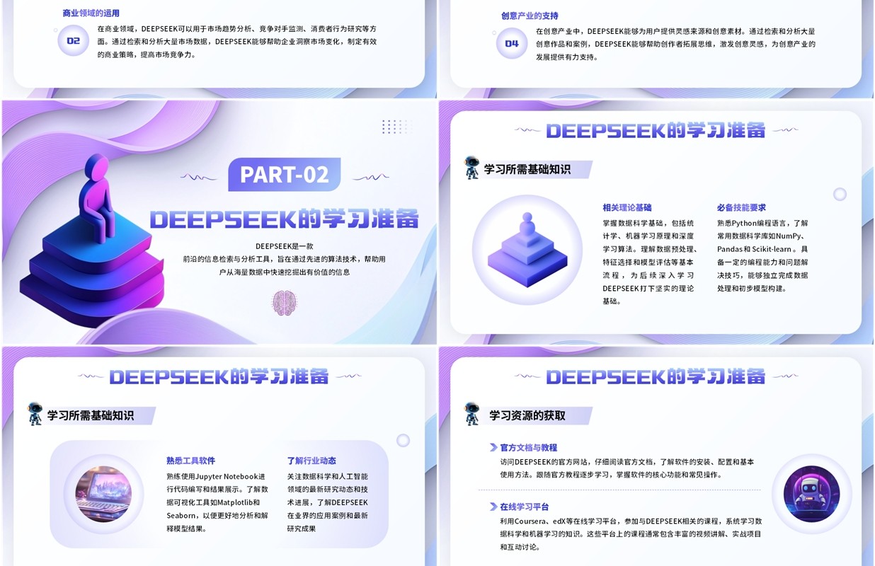 紫色扁平简约风deepseek学习教程PPT模板