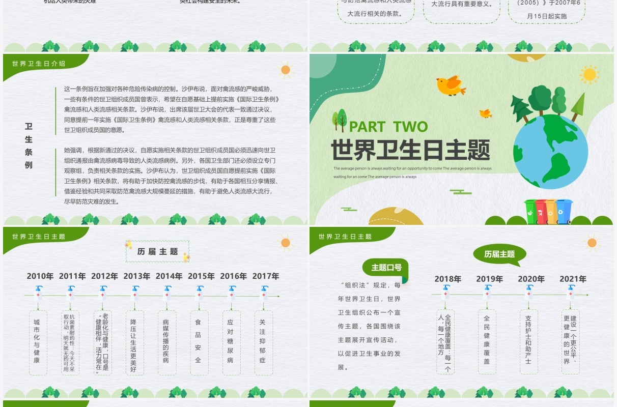 绿色卡通世界卫生日介绍宣传PPT模板