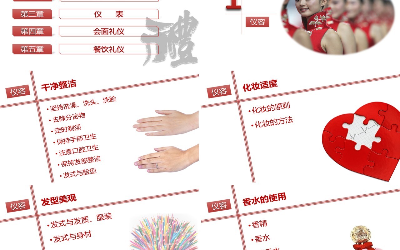 简约实用红色仪容仪表餐饮会面礼仪培训课件PPT模板