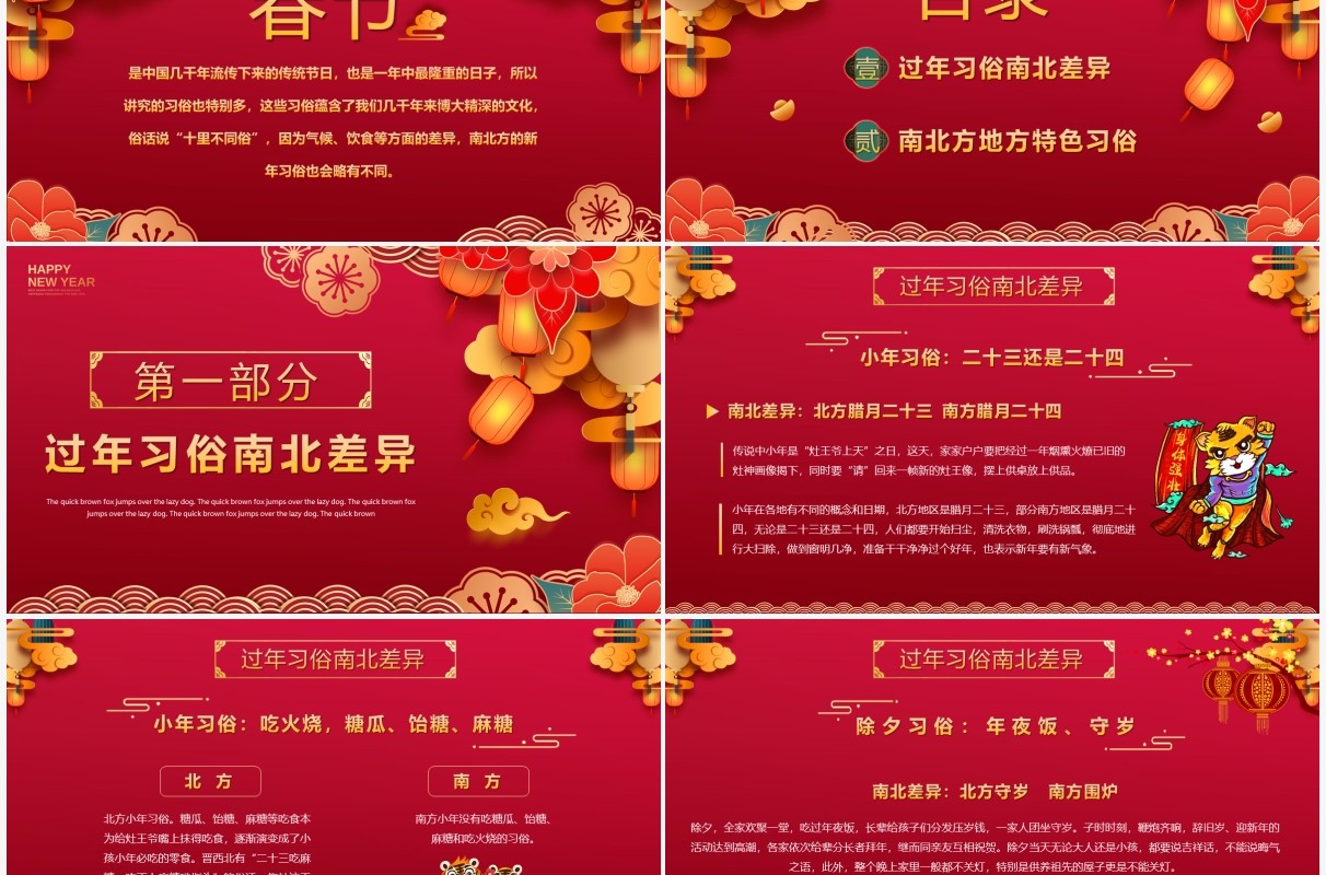 喜庆红色虎年南北方春节习俗PPT模板