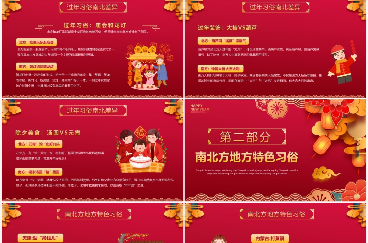 喜庆红色虎年南北方春节习俗PPT模板