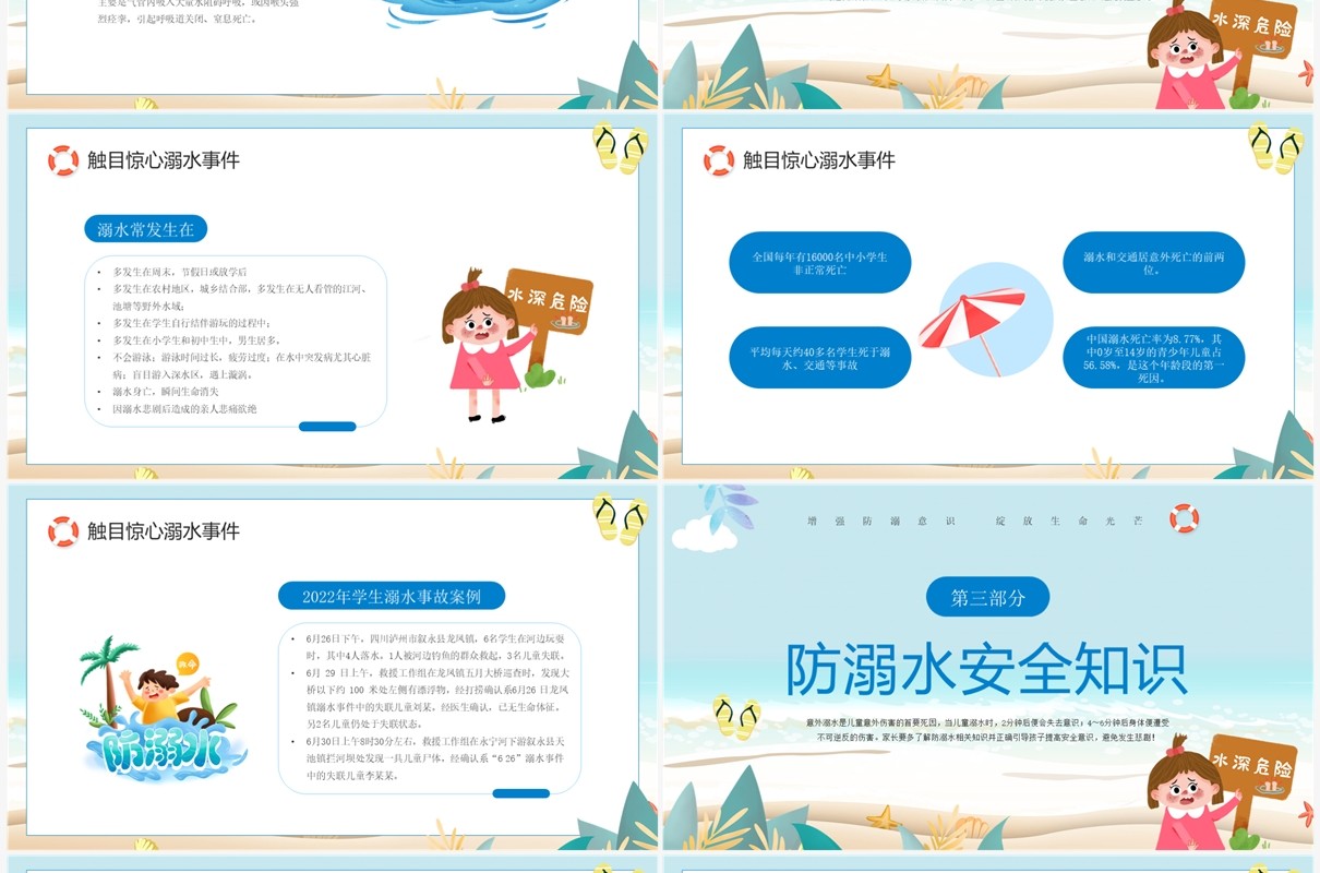 蓝色卡通风防溺水安全教育课件PPT模板