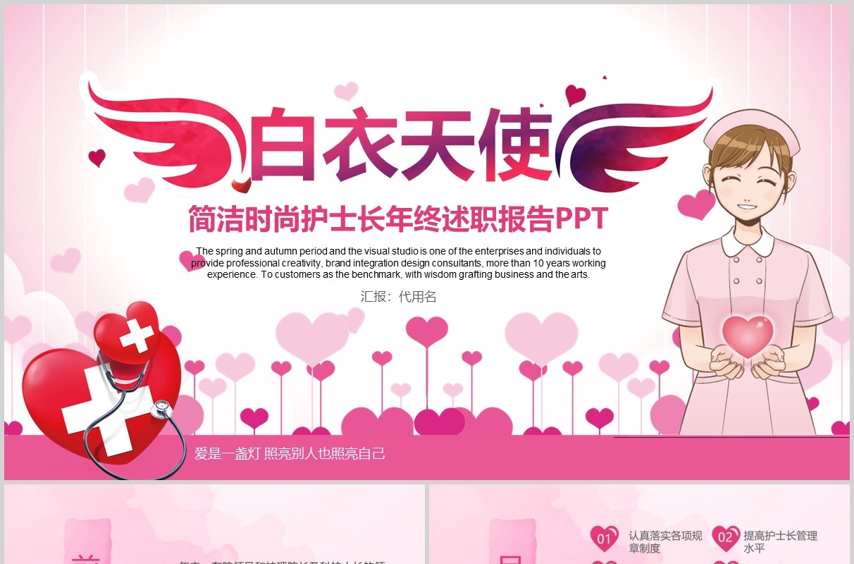 白衣天使简洁时尚护士长年终述职报告PPT模板