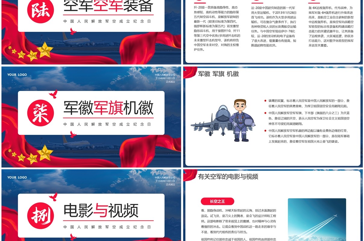 蓝色中国人民解放军空军成立纪念日PPT模板
