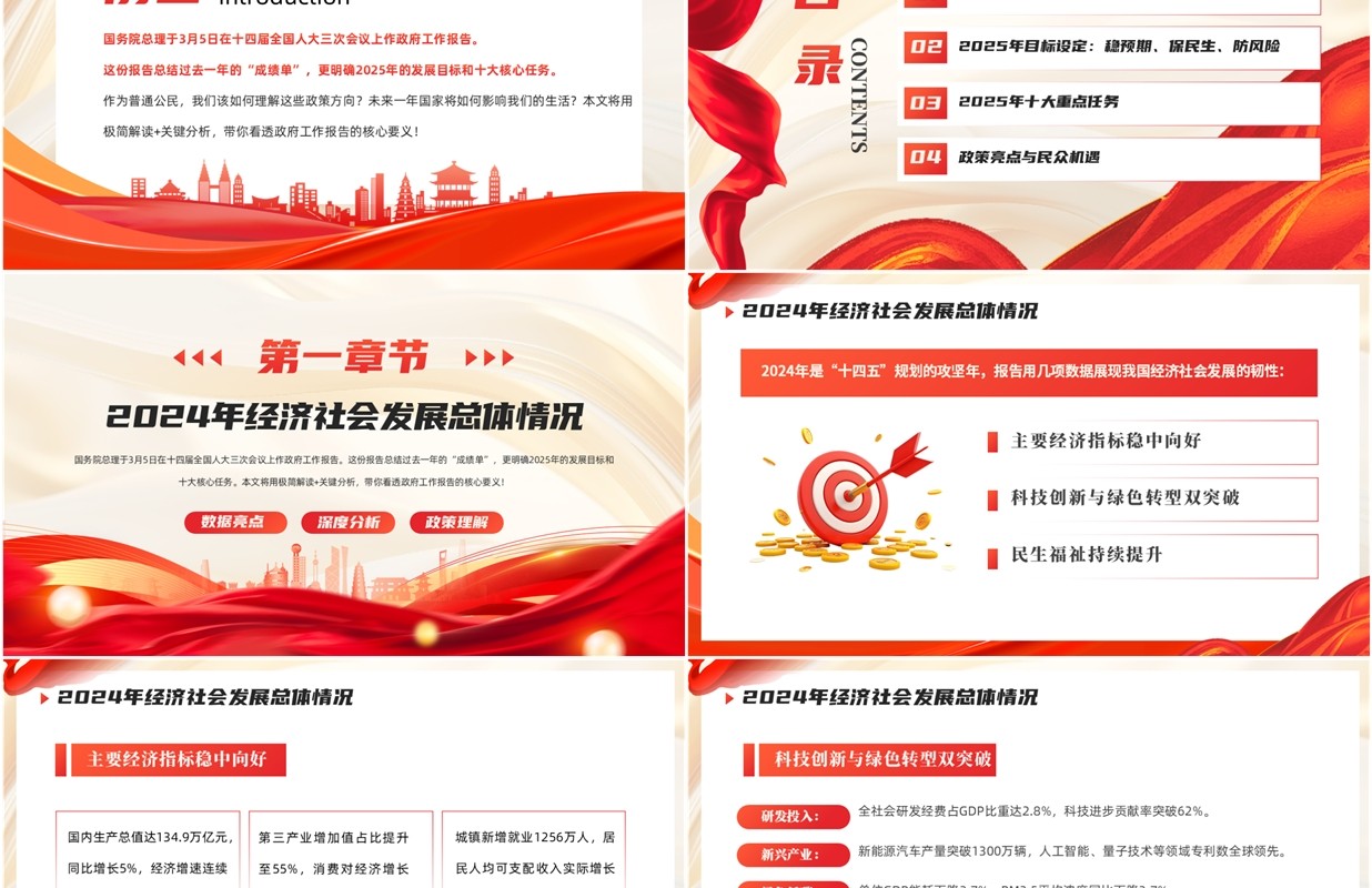 红色党政风学习解读2025政府工作报告PPT课件模板