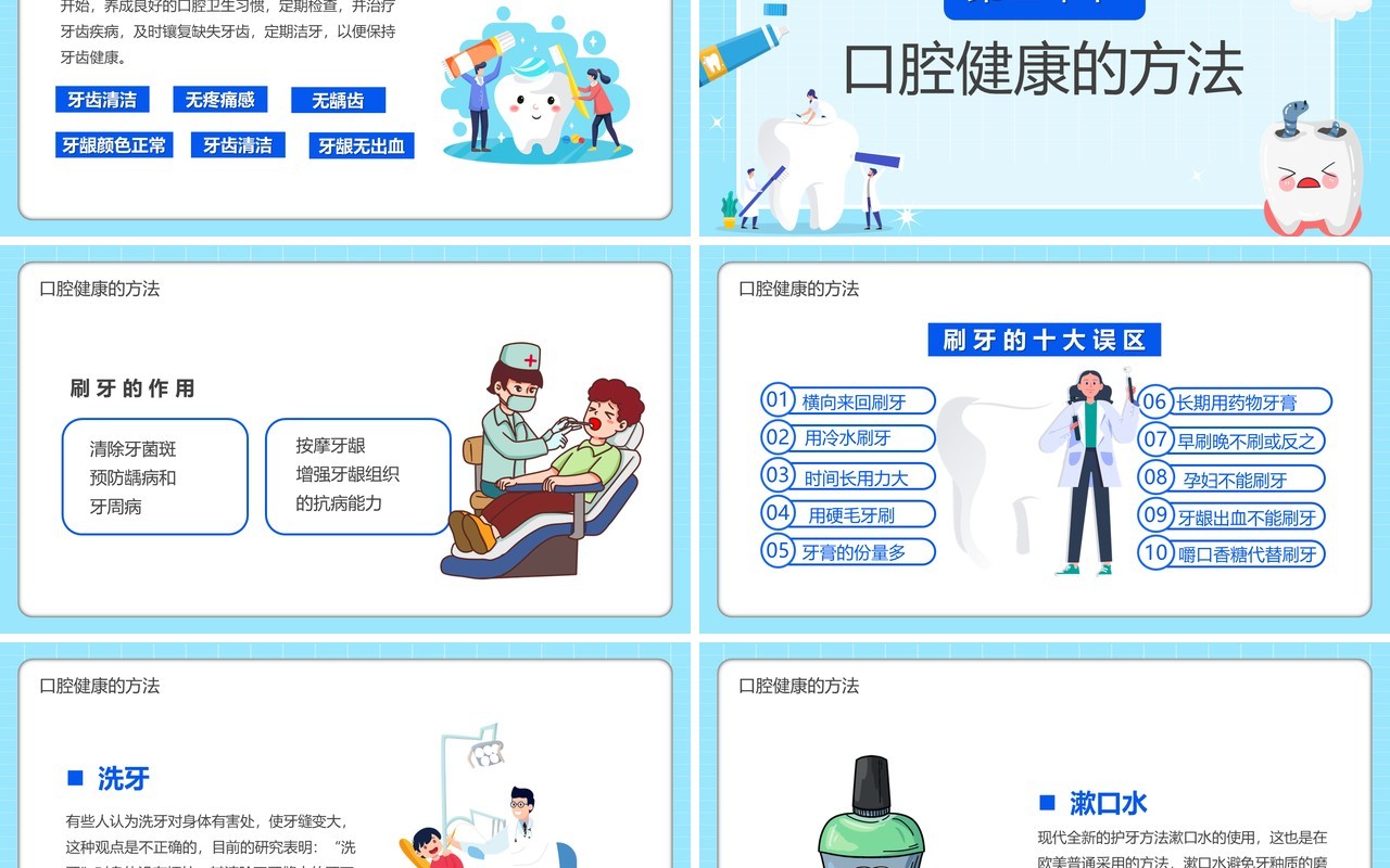 蓝色卡通风全国爱牙日宣传PPT模板