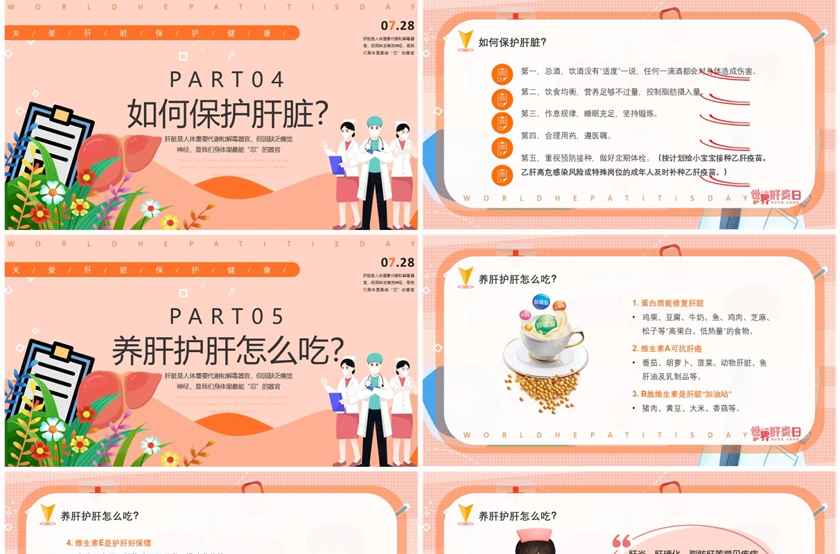 橙色卡通风世界肝炎日介绍PPT模板